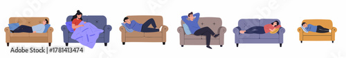 Flat Illustration of Various People Relaxing on a Couch Set Design