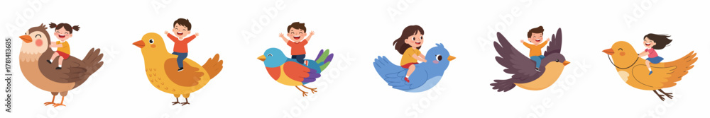 Obraz premium Cartoon Colorful Bird Character with Children Riding Illustration Asset