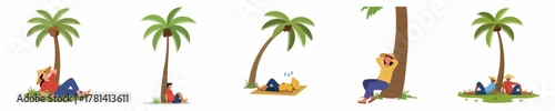 Flat Style Tropical People Relaxing Under Palm Tree Illustration Set