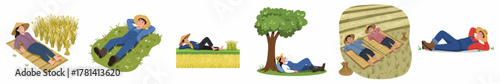 Cartoon Relaxing People Lying Down in Nature Scenery Illustration Set
