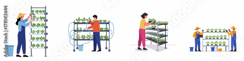 Flat Illustration of People Engaged in Vertical Farming Activities on Shelving Unit