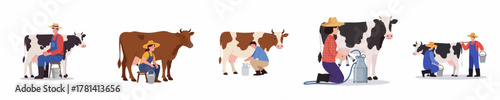 Flat Illustration Set of Farmer Milking Cow at Farm Animal