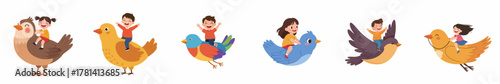 Cartoon Colorful Bird Character with Children Riding Illustration Asset