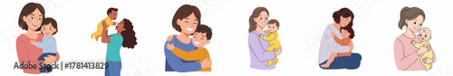 Colorful Motherhood Moments Illustration with Diverse Family and Child in Happy Scene