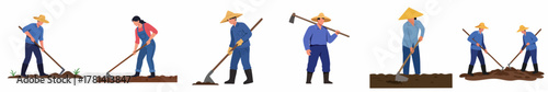 Flat Graphic Asian Farmer Working on Agriculture Field Illustration Set