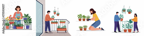 Flat Style Illustration of People Gardening Activity on Balcony with Potted Plant