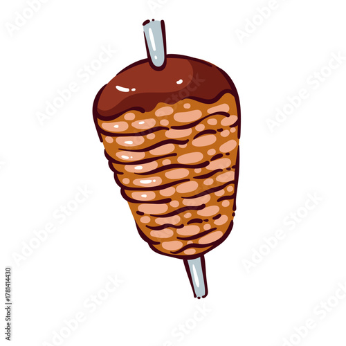 Traditional Turkish doner kebab meat skewer grilled on a vertical rotisserie, symbol of Turkish street food and oriental cuisine, drawn in playful cartoon style, vector illustration.