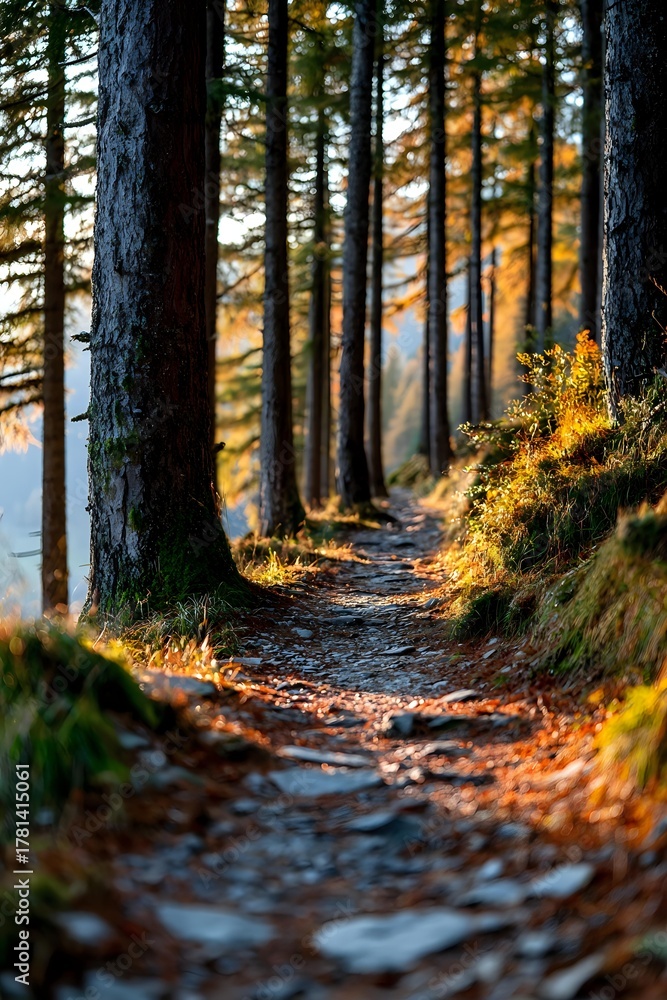 Fototapeta premium Sunlit forest path winding through tall pine trees with golden autumn light filtering through, creating a tranquil wilderness hiking trail.