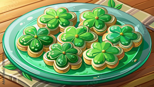 Very beautiful overhead view of green frosted shamrock cookies neatly arranged on a glass plate, with vibrant icing, delicate texture, and warm natural light creating a realistic festive dessert scene