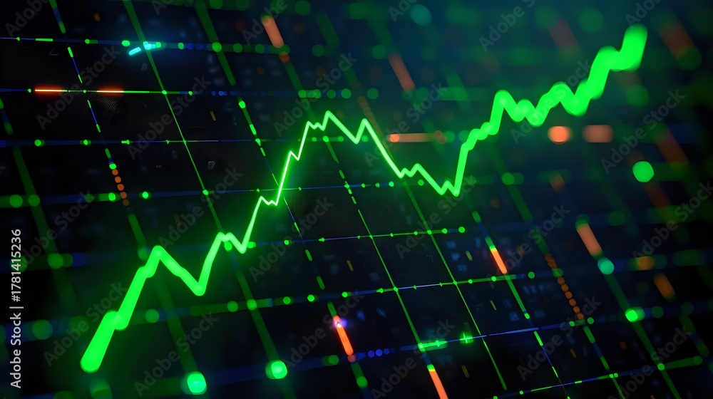 Naklejka premium Glowing green stock market chart showing upward trend against dark digital background with grid lines and data points.