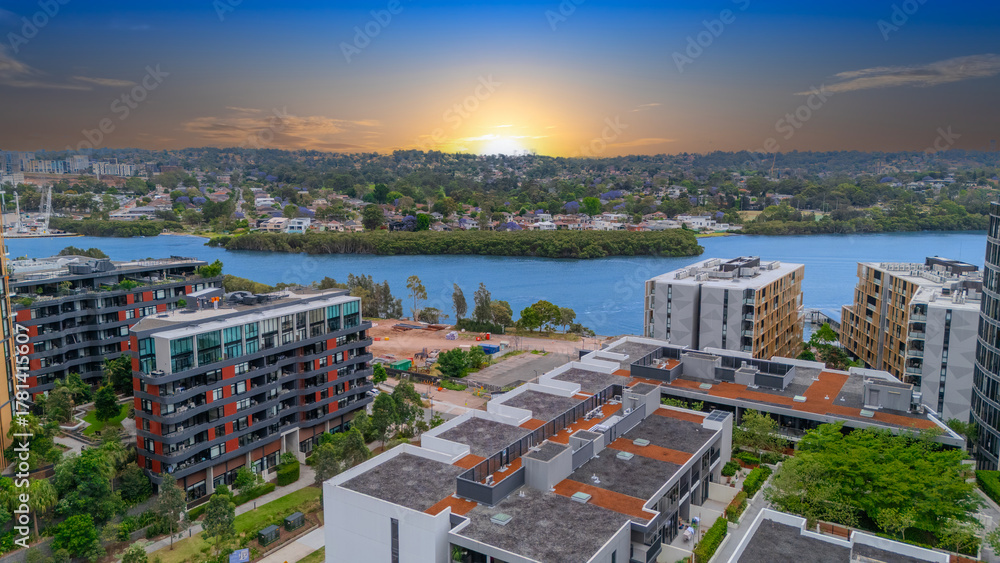Obraz premium Wentworth Point a suburb in western Sydney newly built residential high rise apartments area on Parramatta River Sydney NSW Australia