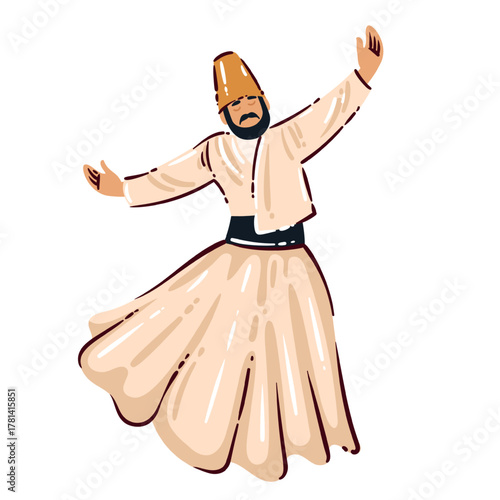 Traditional Turkish whirling dervish in motion, wearing beige robe and fez, performing spiritual Sufi dance representing Turkish culture and heritage, drawn in cartoon style, vector illustration.