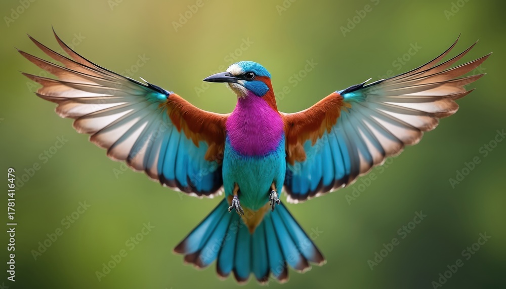 Obraz premium Colorful lilac breasted roller bird spreads wings wide, flying in nature over blurred green background. Wild exotic avian moves with vibrant feathers. Beautiful creature in full flight, natural