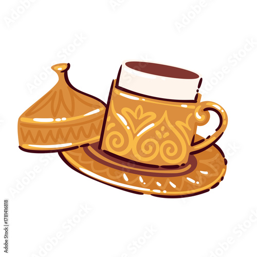 Traditional Turkish coffee cup with lid and ornate golden patterns, symbol of Turkish hospitality and oriental coffee culture, rendered in warm tones, vector illustration.