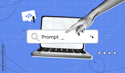 Trendy Halftone Collage Artificial intelligence and digital technology. Hand types in search bar using AI ​​Prompt. AI powered search engine. Generate content. Contemporary vector illustration art