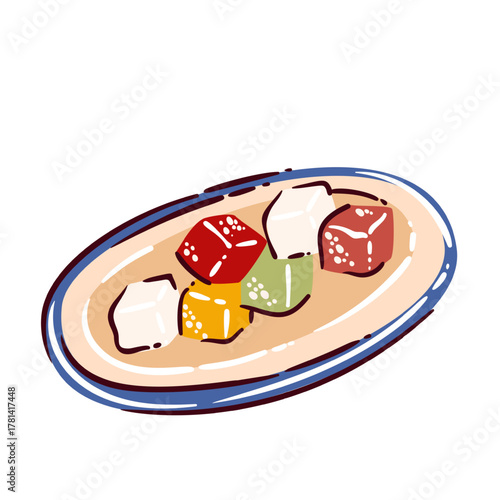 Lokum Turkish delight vector illustration featuring colorful cube candies on a plate. Flat cartoon design for oriental dessert packaging, Turkish food menu, travel souvenirs, and culture projects