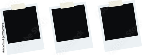 Realistic empty photo card frame, film set. Retro vintage photograph with transparent adhesive tape and paper clip. Digital snapshot image. Template or mockup for design. Vector illustration.