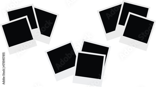 Realistic empty photo card frame, film set. Retro vintage photograph with transparent adhesive tape and paper clip. Digital snapshot image. Template or mockup for design. Vector illustration.