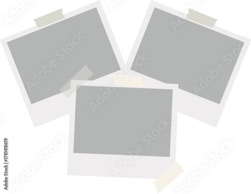 Realistic empty photo card frame, film set. Retro vintage photograph with transparent adhesive tape and paper clip. Digital snapshot image. Template or mockup for design. Vector illustration.