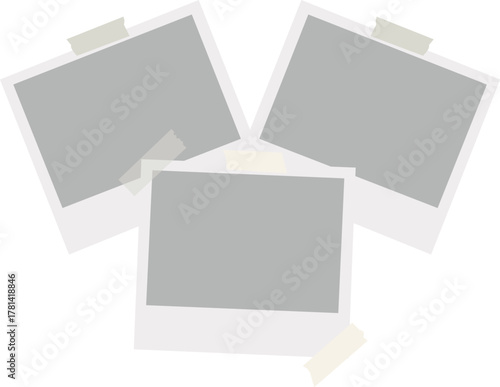 Realistic empty photo card frame, film set. Retro vintage photograph with transparent adhesive tape and paper clip. Digital snapshot image. Template or mockup for design. Vector illustration.
