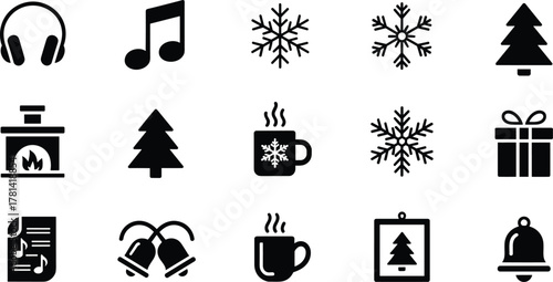 holiday, winter, festive, icons, Christmas, music, snowflake, tree, fireplace, mug, gift, bells, ornament, illustration, vector, design, cartoon, symbol, celebration, season