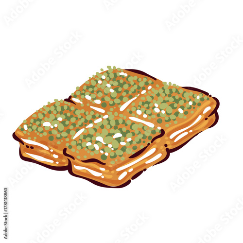 Turkish baklava dessert topped with crushed pistachios and honey glaze, shown in golden tones and appetizing texture, representing traditional Turkish sweets and cuisine, vector illustration.