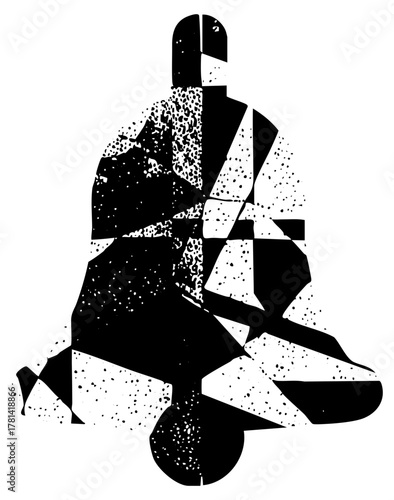 Figure Sits Contemplatively in Abstract Composition