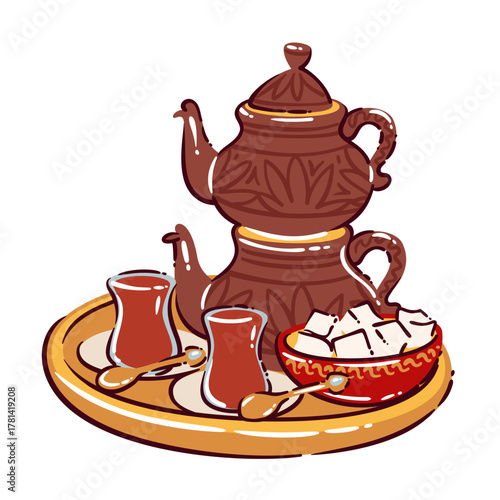 Traditional Turkish tea set with ornate teapot, tulip-shaped glasses, and bowl of sugar cubes, symbol of Turkish hospitality and culture, drawn in warm cartoon style, vector illustration.
