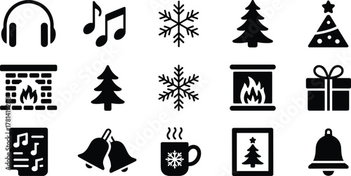 holiday, winter, festive, icons, Christmas, music, snowflake, tree, party, fireplace, gift, bells, mug, hat, illustration, vector, design, cartoon, symbol, celebration