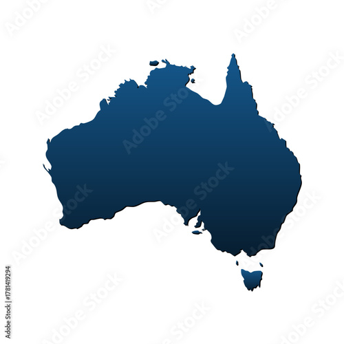 Silhouette Map of Australia Including Tasmania in Dark Blue on Clean Background. Geographic Symbol Design. Perfect for geography-themed visuals, infographics, branding elements related to Australia.