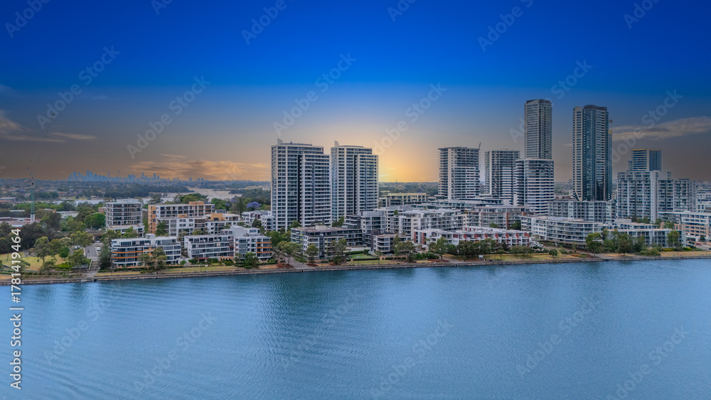 Obraz premium Wentworth Point a suburb in western Sydney newly built residential high rise apartments area on Parramatta River Sydney NSW Australia