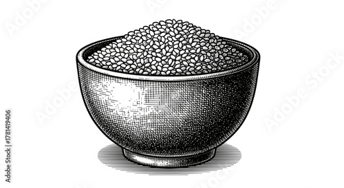 Engraved vector of sesame seeds bowl for Pongal recipe blog or organic product packaging