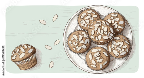 Vegan muffins with almond flakes top view, vector design for bakery menu or recipe blog