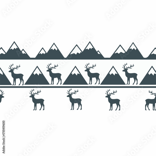 Reindeer and mountain pattern for holiday decor and winter-themed designs featuring stylized mountains and elegant reindeer silhouettes.