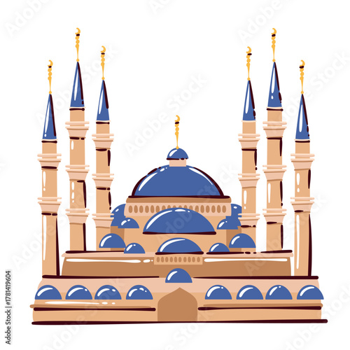 Blue Mosque with domes and minarets, representing Turkish architecture and Islamic heritage, inspired by Istanbul landmark, drawn in detailed cartoon style, vector illustration.
