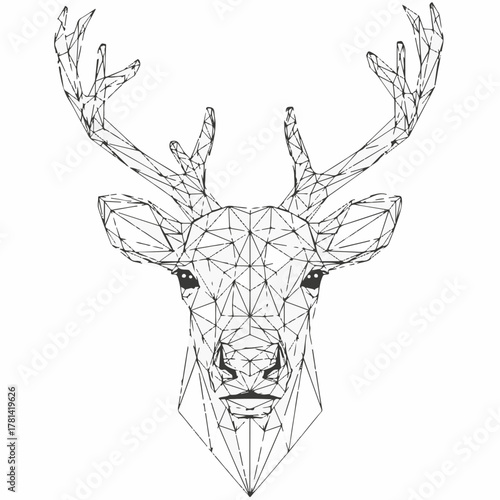 Geometric deer head illustration in wireframe style with intricate details and elegant antlers. Modern deer design showcases artful lines and shapes,