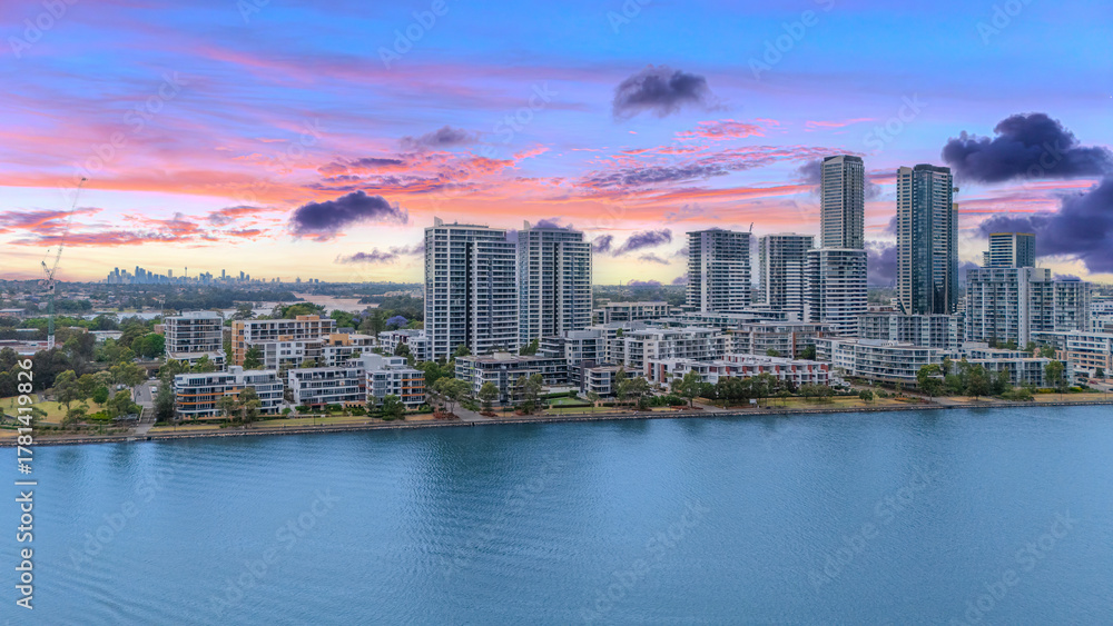 Fototapeta premium Wentworth Point a suburb in western Sydney newly built residential high rise apartments area on Parramatta River Sydney NSW Australia
