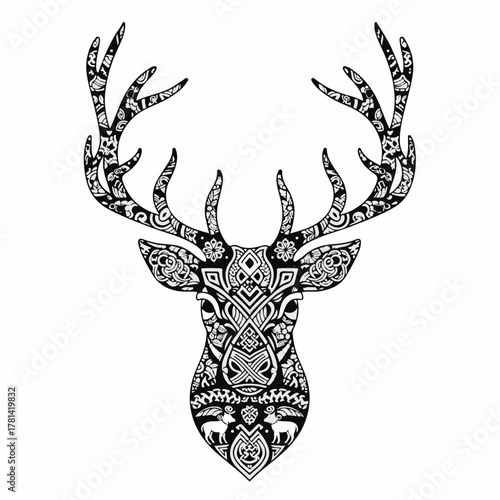 Intricate deer head with detailed antlers displaying patterns and designs, showcasing artistic elements and craftsmanship.