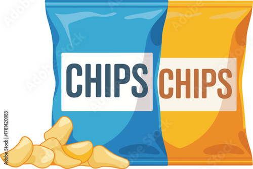 chips, snack, food, bag, packaging, potato, crunchy, crispy, tasty, fast, junk, meal, design, illustration, vector, cartoon, product, branding, marketing, icon