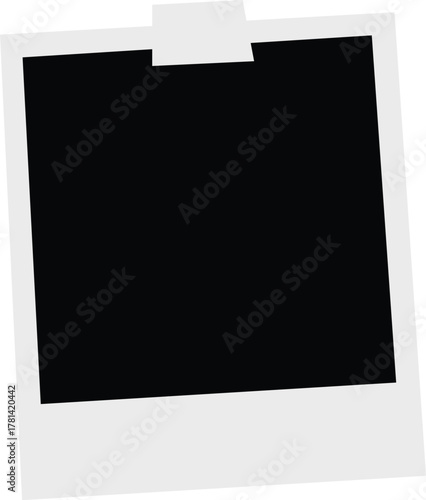 Realistic empty photo card frame, film set. Retro vintage photograph with transparent adhesive tape and paper clip. Digital snapshot image. Template or mockup for design. Vector illustration.