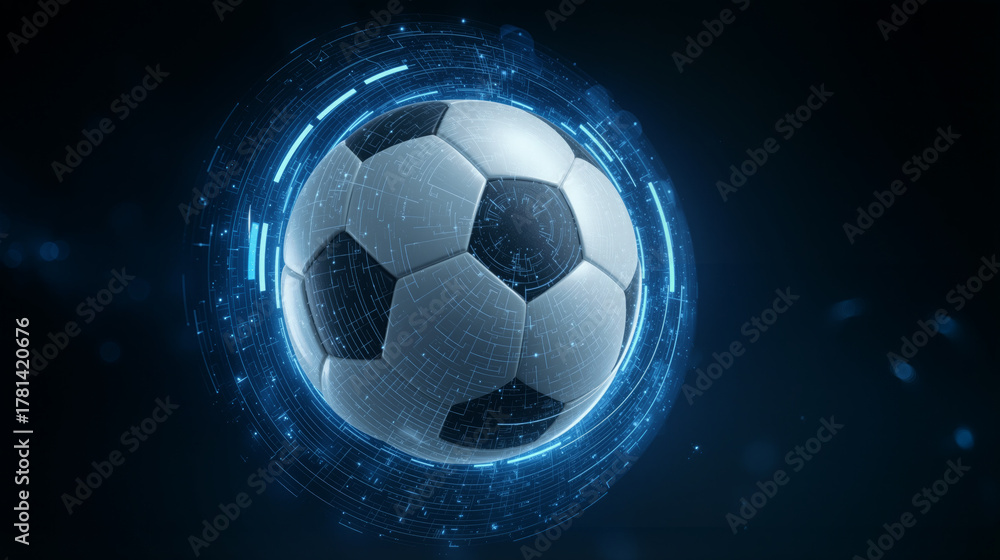 Naklejka premium Digital analytics interface overlay on a soccer ball demonstrating data visualization technology