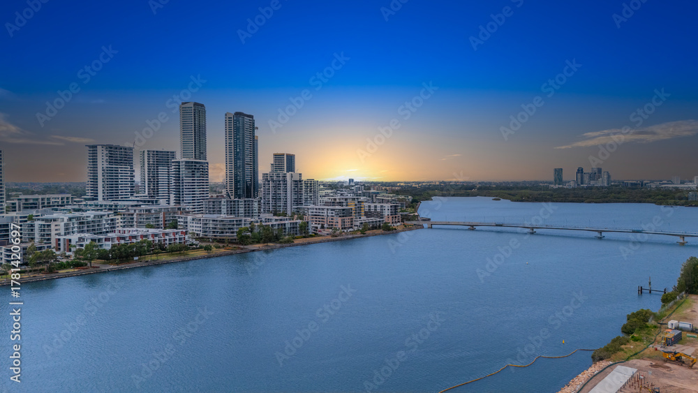 Obraz premium Wentworth Point a suburb in western Sydney newly built residential high rise apartments area on Parramatta River Sydney NSW Australia
