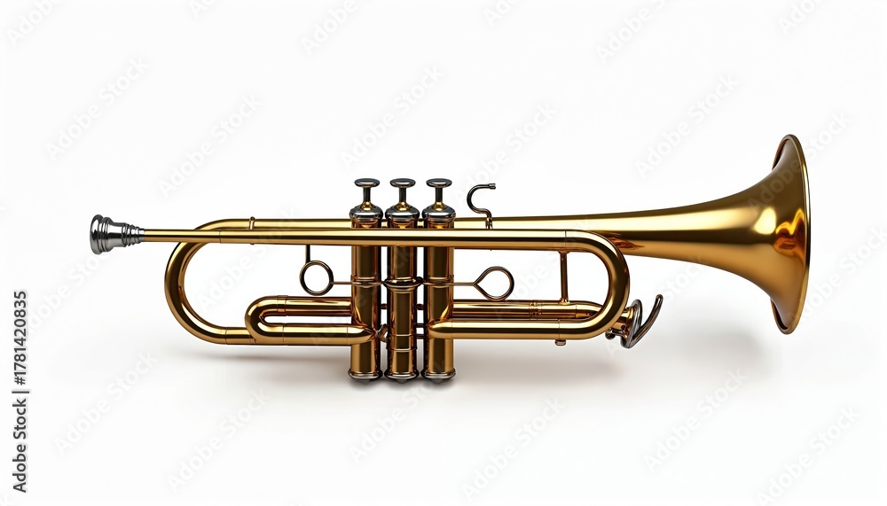 Fototapeta premium Shiny golden brass trumpet isolated on white background. This musical instrument features valves and a bell. Ideal for jazz music promotion or classical music art.