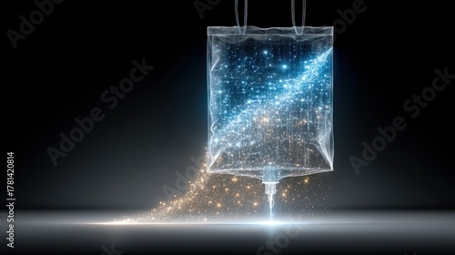 Abstract IV Drip Bag with Glowing Particles and Light.