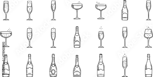 Sparkling Celebration: Hand-Drawn Champagne Glasses  Bottles Line Art Pattern
