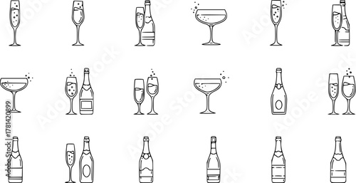 Champagne Icon Set: Collection of Outlined Glasses and Bottles for Festive Celebrations