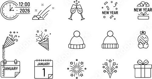 Festive New Year Icons: Clock, Confetti, Fireworks, and More
