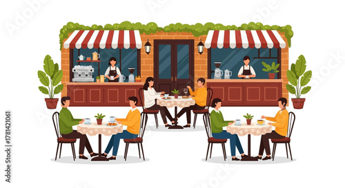 A vibrant illustration of a city street cafe where couples and friends gather to socialize over coffee at outdoor tables
