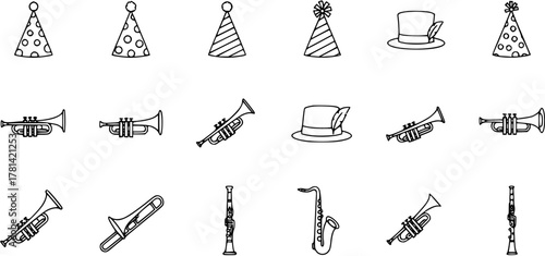 Outline Icons of Party Hats, Trumpets, Trombone, Saxophone, and Clarinet for Celebration and Music