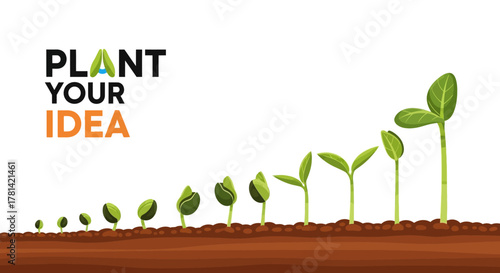 Conceptual illustration of plant growth stages from seed to sprout, representing business idea development and progress